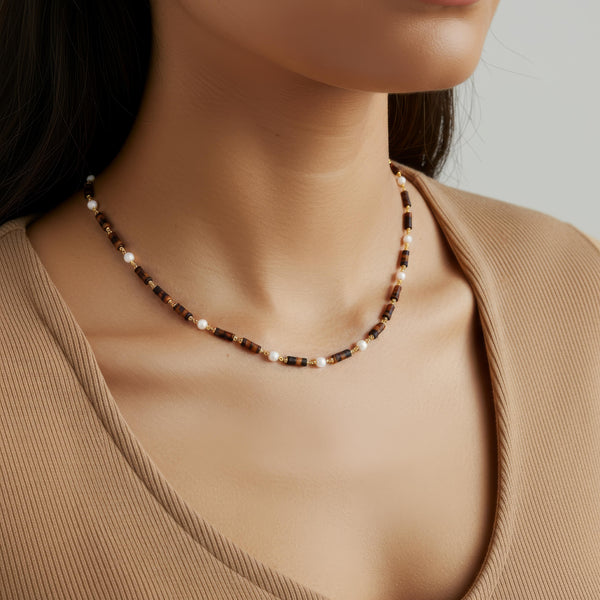 The Verik Pearl and Tiger's Eye Beaded Necklace