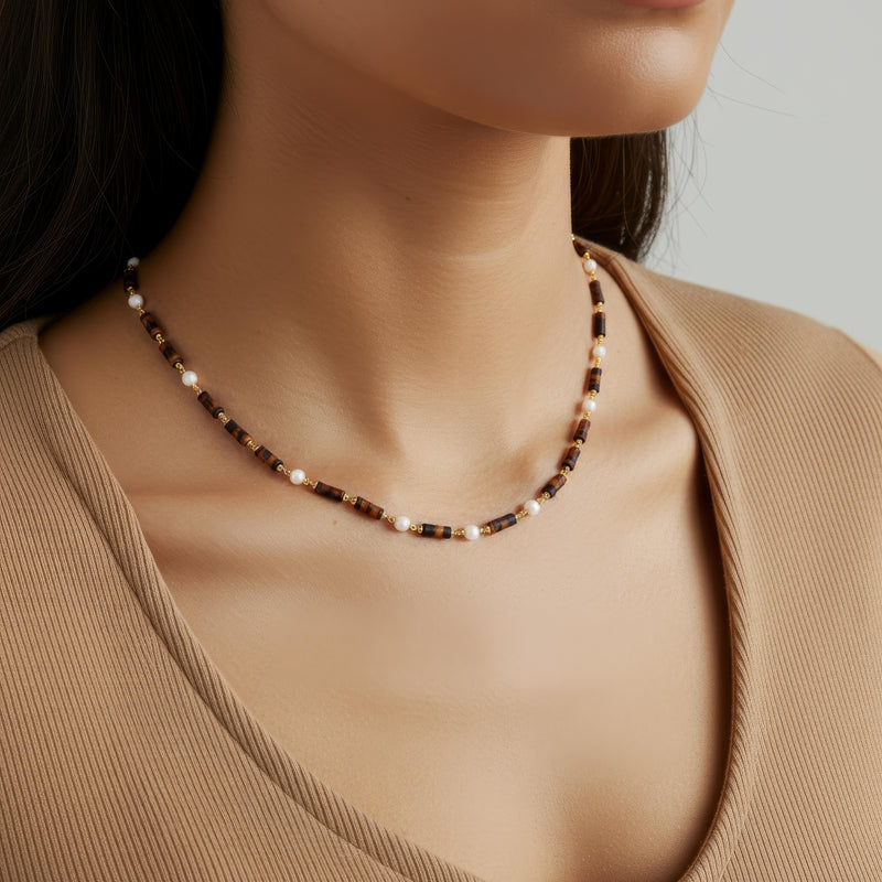 The Verik Pearl and Tiger's Eye Beaded Necklace