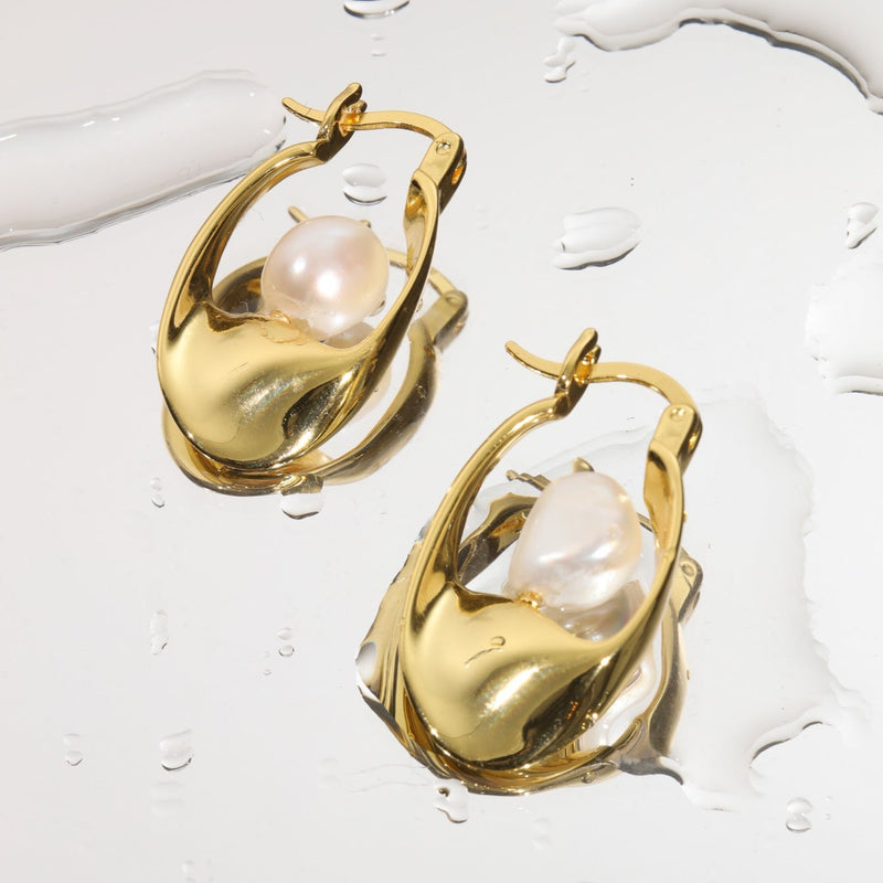 Dazzling Pearl Hoop Earrings - Medium Size in 18K Gold Plating by Talisa