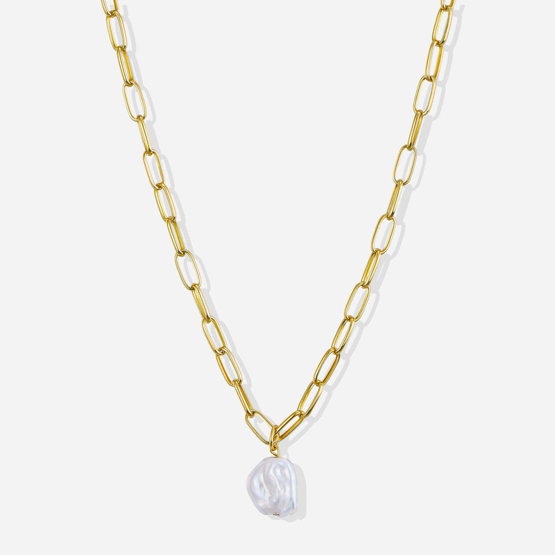 Ryna Link Chain Pearl Necklace with Freshwater Baroque Pearl in 18k Gold Vermeil